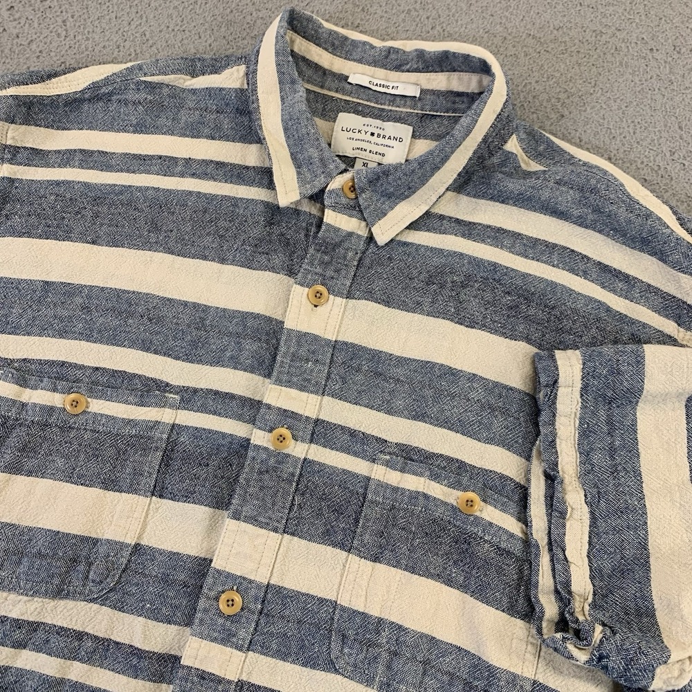 Lucky Brand Shirt Mens XL Linen Blend Double Pocket Button Up Blue Beige Classic